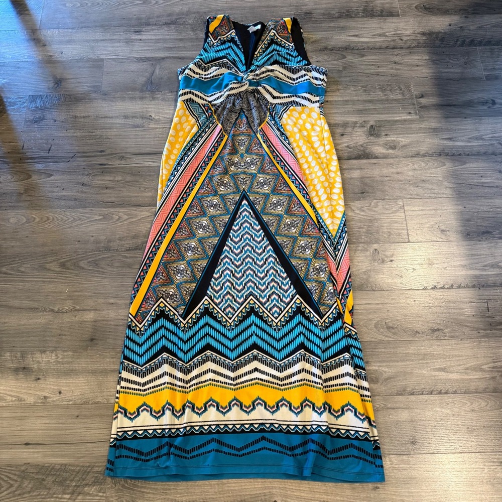 Chicos Geometric Tribal Print Maxi Dress Size 3 XL Sleeveless V-Neck Blue Yellow